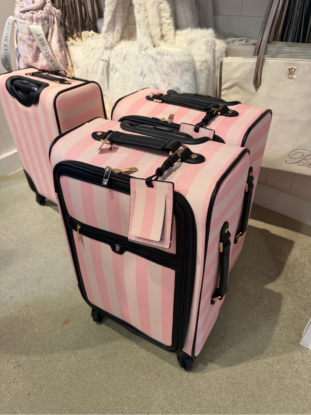 Victoria's Secret Pink and Light Pink Striped Travel Suitcase with Black Trim